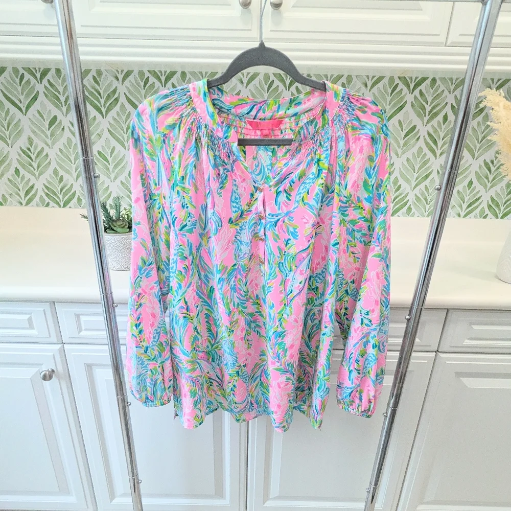 Lilly Pulitzer Elsa Silk Blouse Unicorn Of The Seas Medium - Picture 3 of 9
